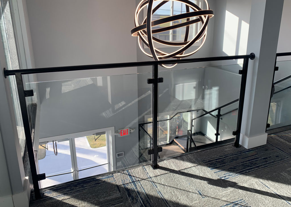 Black Powder-coated Railings with Glass Panels | Allstate Building, Deer Park, NY Black Powder-coated Railings with Glass Panels | Allstate Building, Deer Park, NY
