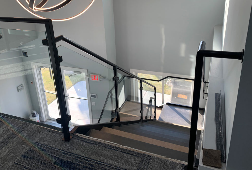 Black Powder-coated Railings with Glass Panels | Allstate Building, Deer Park, NY Black Powder-coated Railings with Glass Panels | Allstate Building, Deer Park, NY
