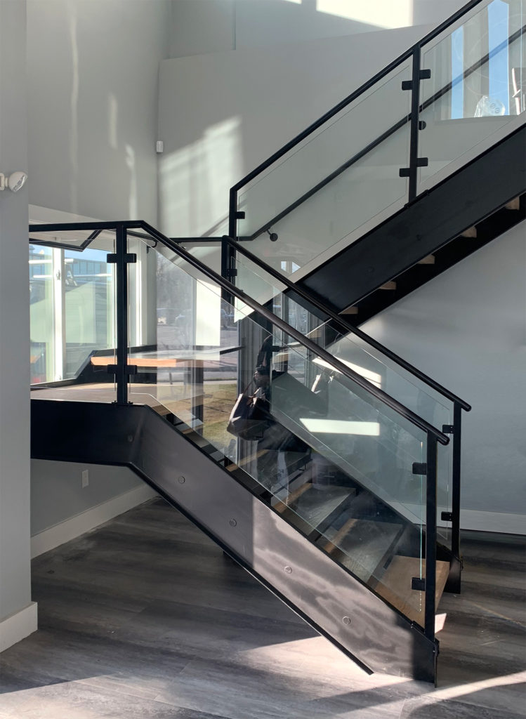 Black Powder-coated Railings with Glass Panels | Allstate Building, Deer Park, NY Black Powder-coated Railings with Glass Panels | Allstate Building, Deer Park, NY