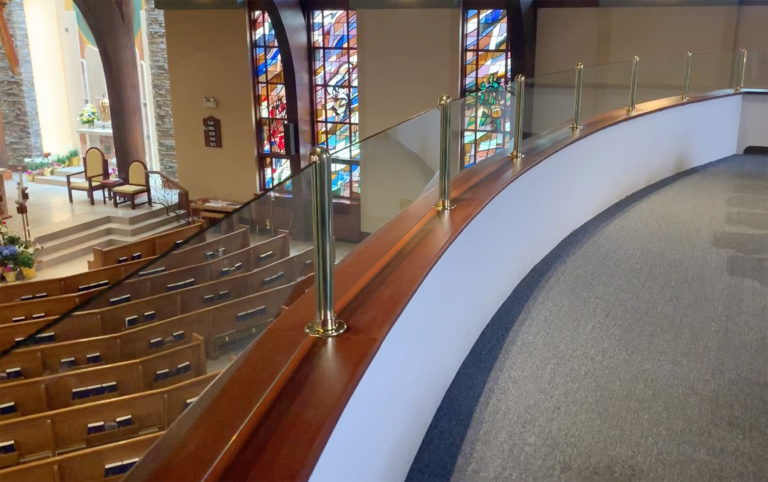 Lacquered Polished Brass Railings with Tempered Glass | St. Elizabeth’s Church, Melville, NY
