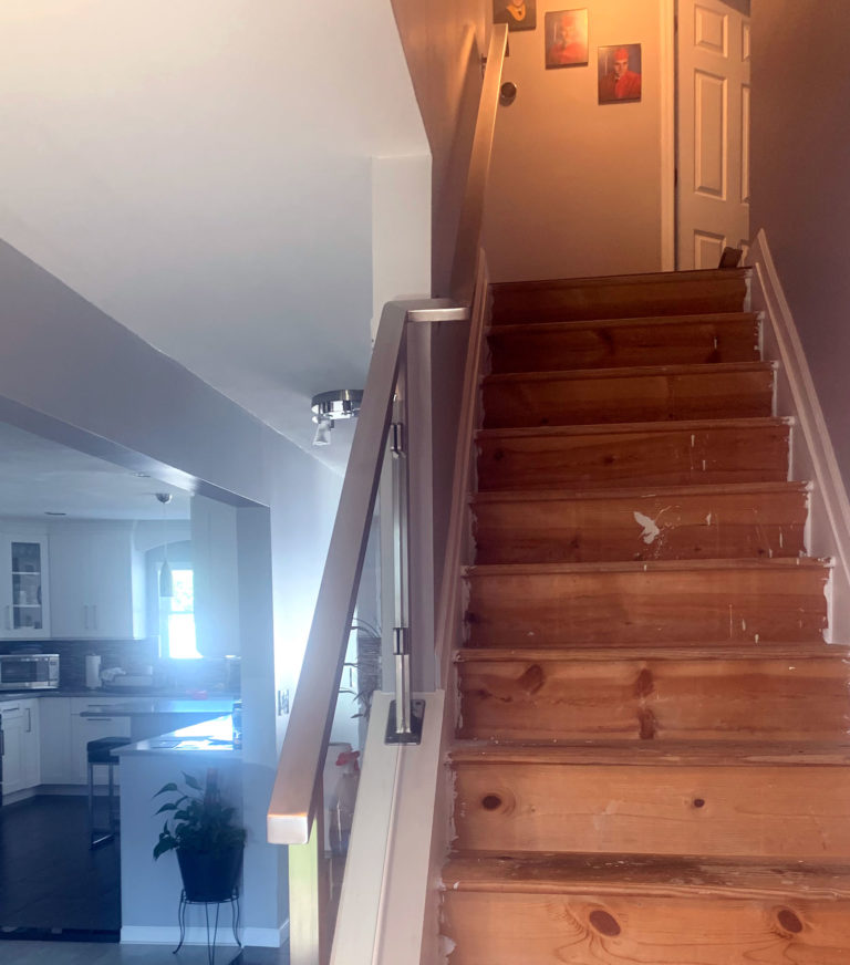 Satin Stainless Steel Stair Railing with Glass Panel | Massapequa, NY