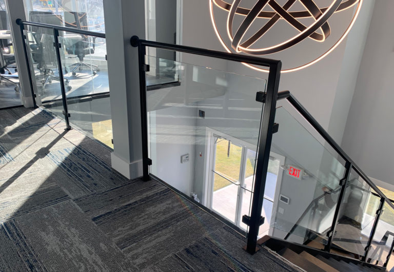 Black Powder-coated Railings with Glass Panels | Allstate Building, Deer Park, NY