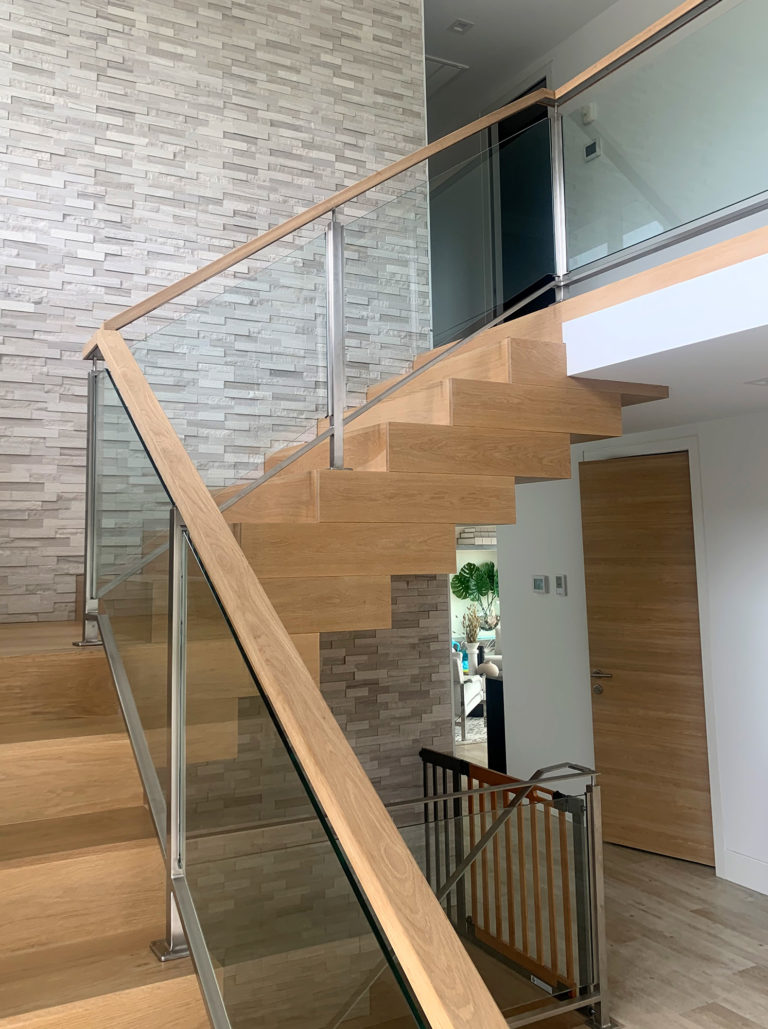 Satin Stainless Steel Railings with Wood Cap and 3/8 inch Tempered Glass | West Hampton, NY