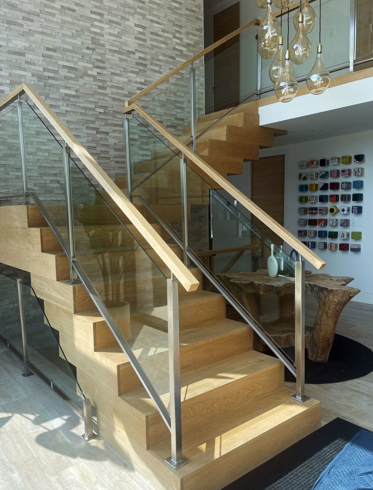 Satin Stainless Steel Rails with Wooden Handrail and Tempered Glass